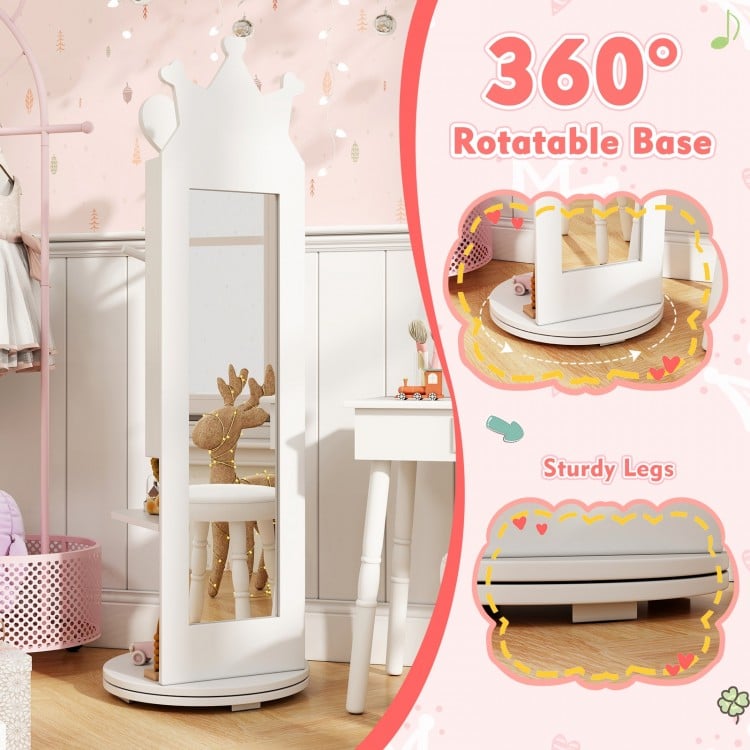 Free-Standing Full Length Mirror Kids Jewelry Armoire Cabinet-White