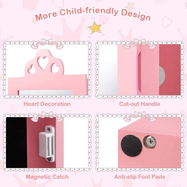 3-in-1 Freestanding Kids Jewelry Cabinet Armoire with Full Length Mirror-Pink