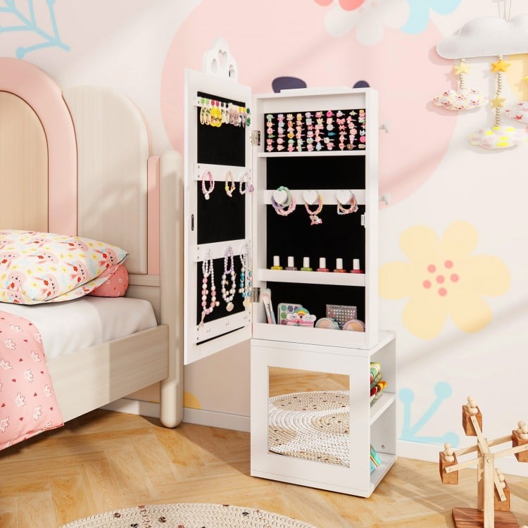 3-in-1 Freestanding Kids Jewelry Cabinet Armoire with Full Length Mirror-White