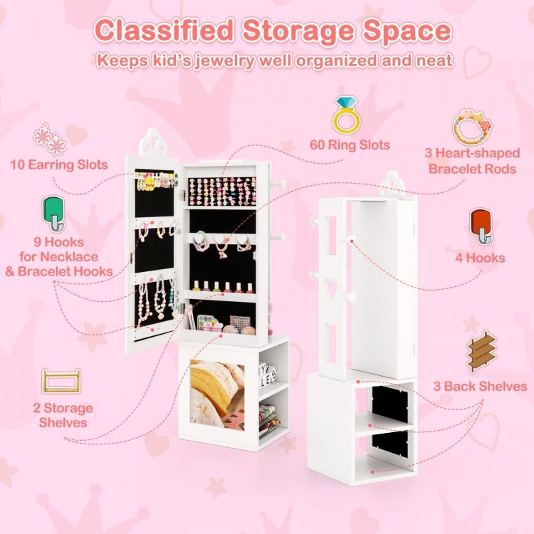 3-in-1 Freestanding Kids Jewelry Cabinet Armoire with Full Length Mirror-White