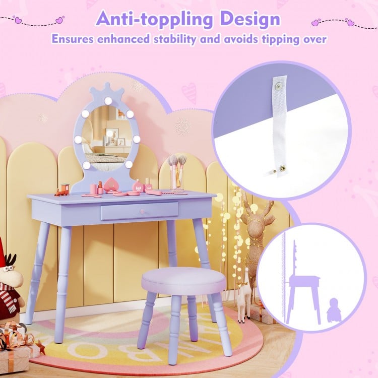 Kids Vanity Set with Lighted Mirror with Adjustable Brightness and Large Drawer-Purple