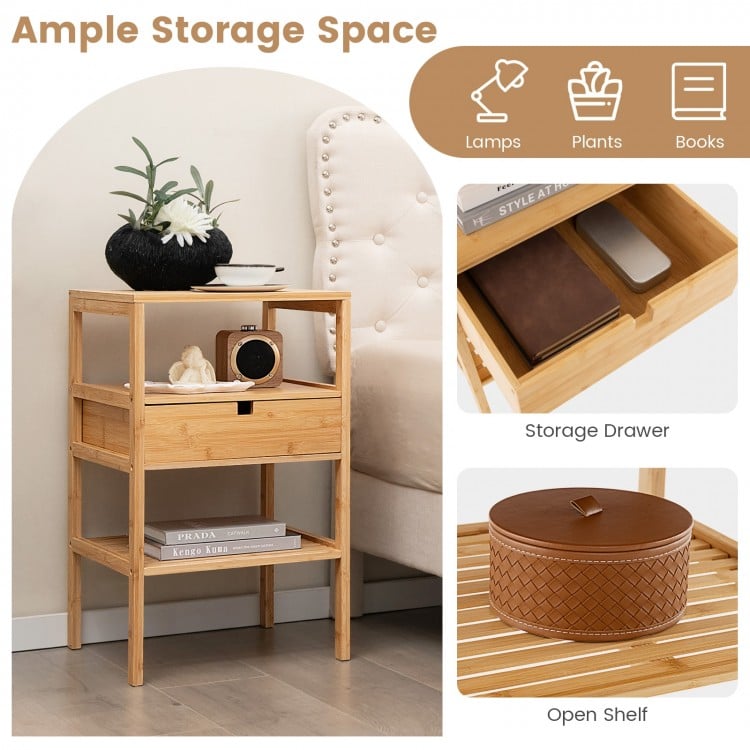 Bamboo Nightstand with Storage Drawer and Slatted Shelf-1 Piece