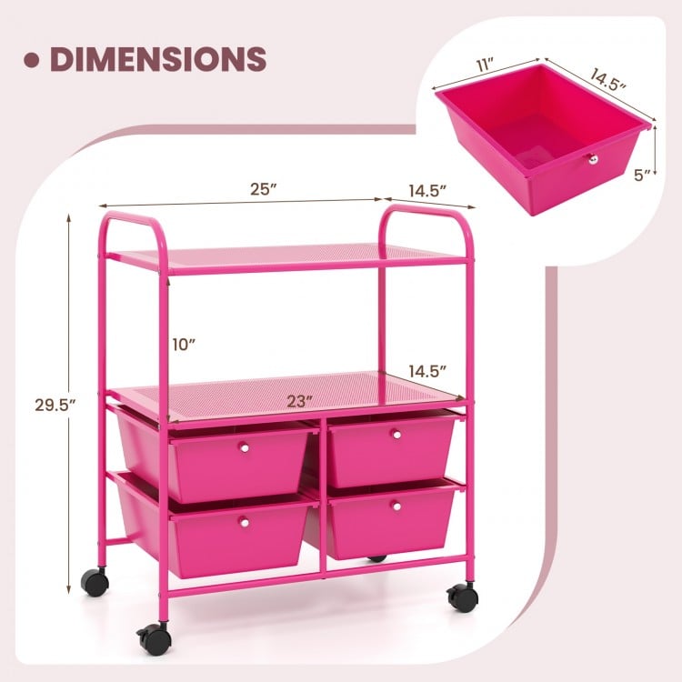 4 Drawers Shelves Rolling Storage Cart Rack-Hot Pink