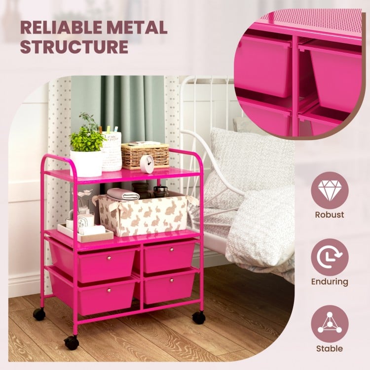 4 Drawers Shelves Rolling Storage Cart Rack-Hot Pink