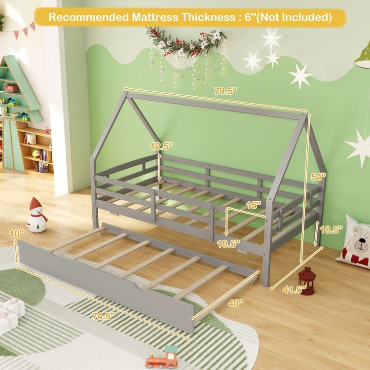 Twin House Bed with Trundle and Fence Rail-Gray