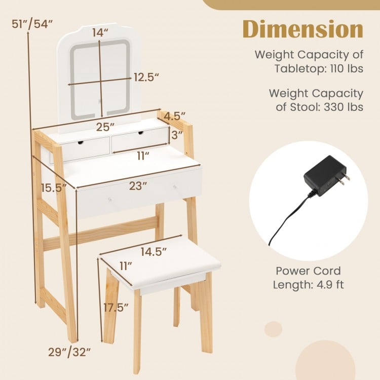 Adjustable Height Vanity Desk Set with 3-Color LED Lighted Mirror and Drawers-White