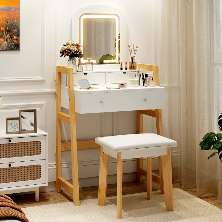 Adjustable Height Vanity Desk Set with 3-Color LED Lighted Mirror and Drawers-White