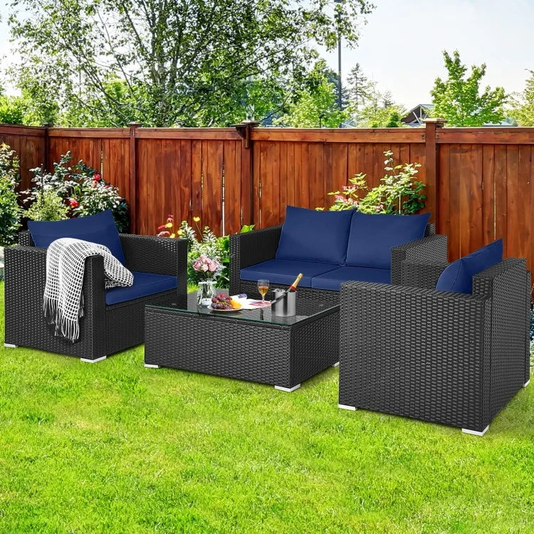 4 Pieces Patio Rattan Cushioned Furniture Set-Navy