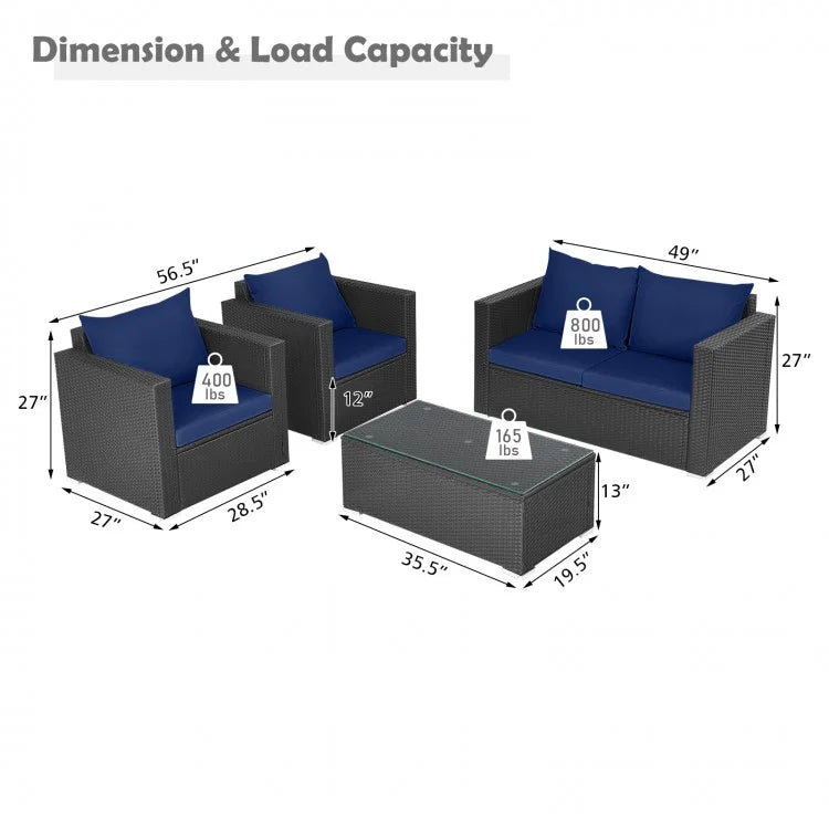 4 Pieces Patio Rattan Cushioned Furniture Set-Navy