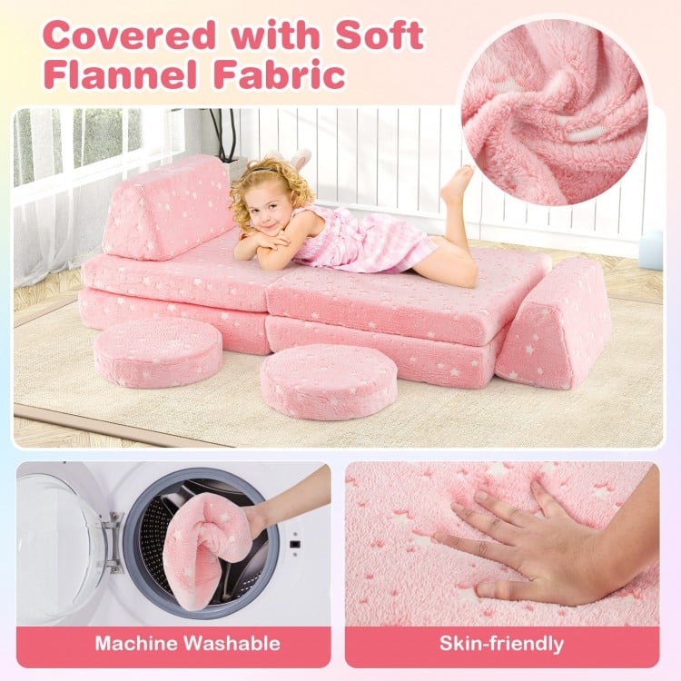 Modular Kids Play Couch Set Glow in the Dark with Portable Handles-Pink
