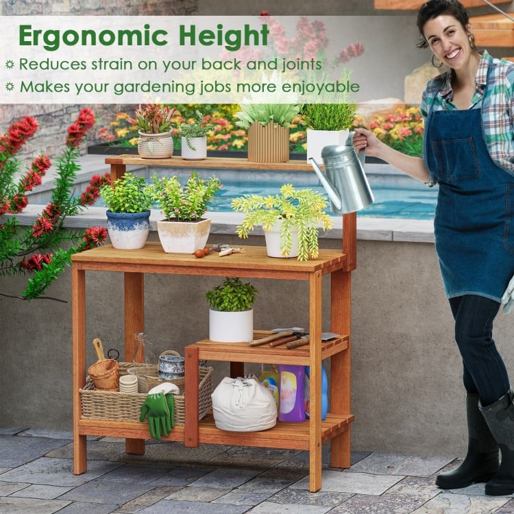 Outdoor Garden Potting Wood Planting Workstation with Open Shelves