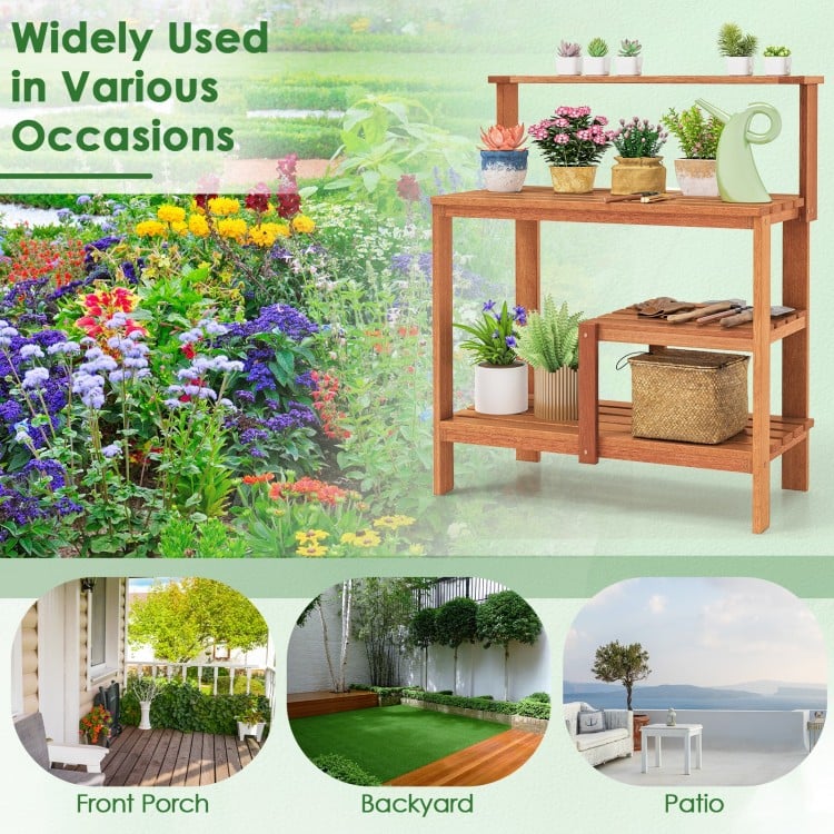 Outdoor Garden Potting Wood Planting Workstation with Open Shelves