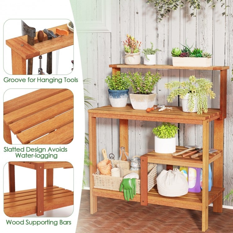 Outdoor Garden Potting Wood Planting Workstation with Open Shelves