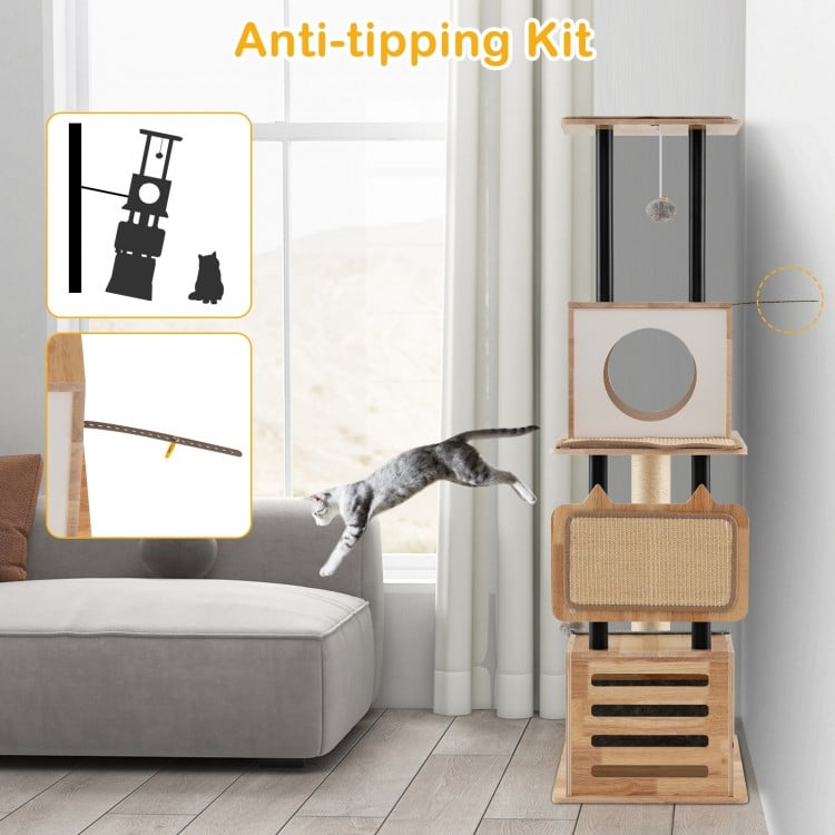 Modern Tall Cat Tower with Double Condos with Dangling Balls and Sisal Carpets-Natural