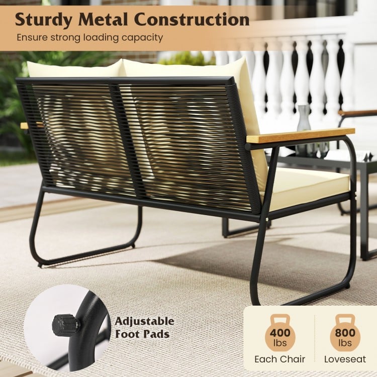 4 Pieces Patio Furniture Set with Tempered Glass Coffee Table