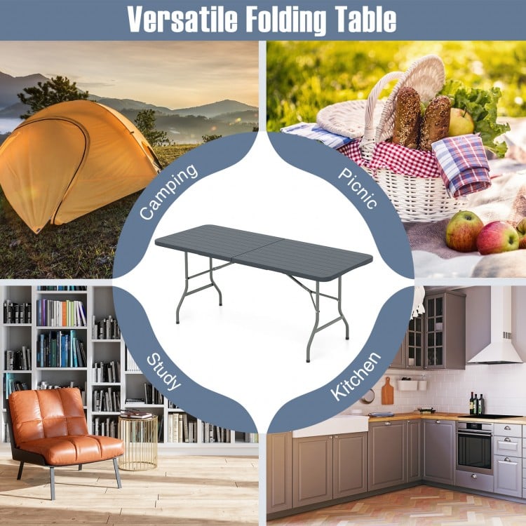6 Feet Folding Table with Wood Grain HDPE Tabletop and Safe Lock Mechanism-Gray