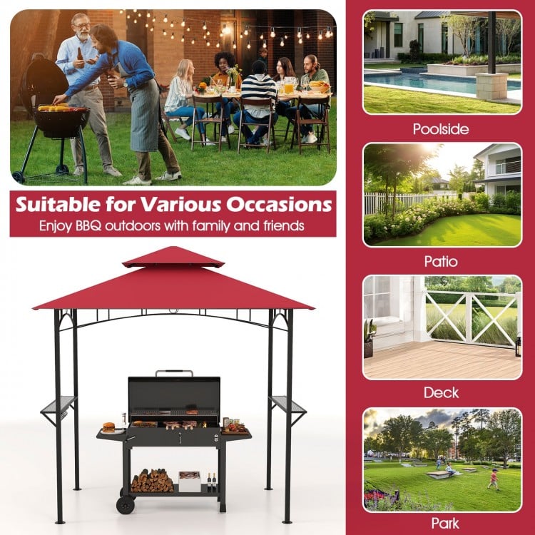 Outdoor Double-Tiered Grill Gazebo Canopy with 2 Shelves and 7 Hooks-Red
