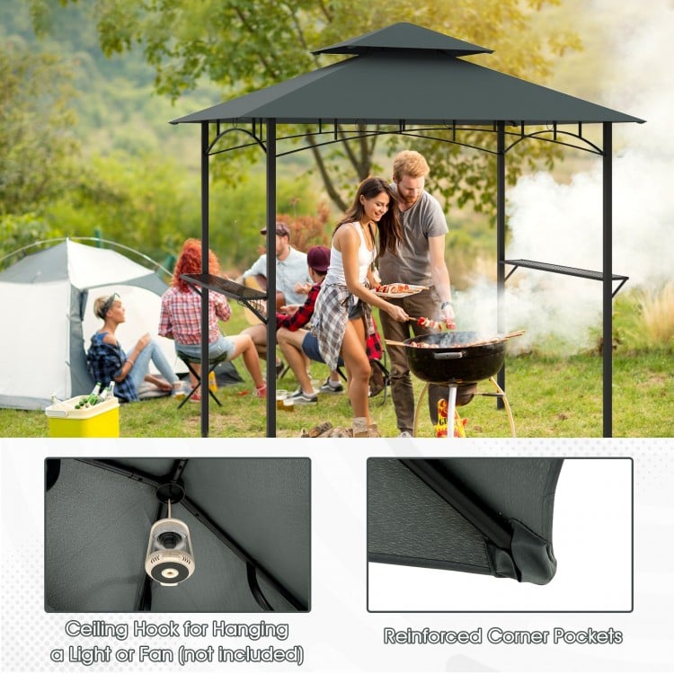 Outdoor Double-Tiered Grill Gazebo Canopy with 2 Shelves and 7 Hooks-Gray