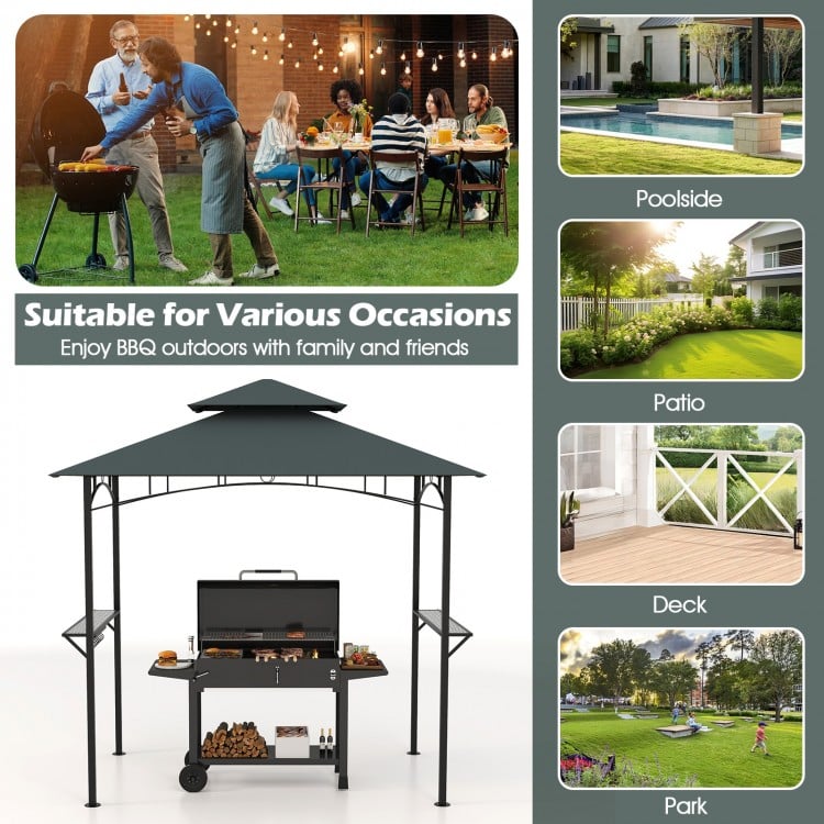 Outdoor Double-Tiered Grill Gazebo Canopy with 2 Shelves and 7 Hooks-Gray