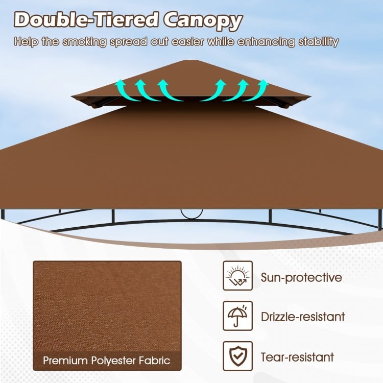 Outdoor Double-Tiered Grill Gazebo Canopy with 2 Shelves and 7 Hooks-Coffee