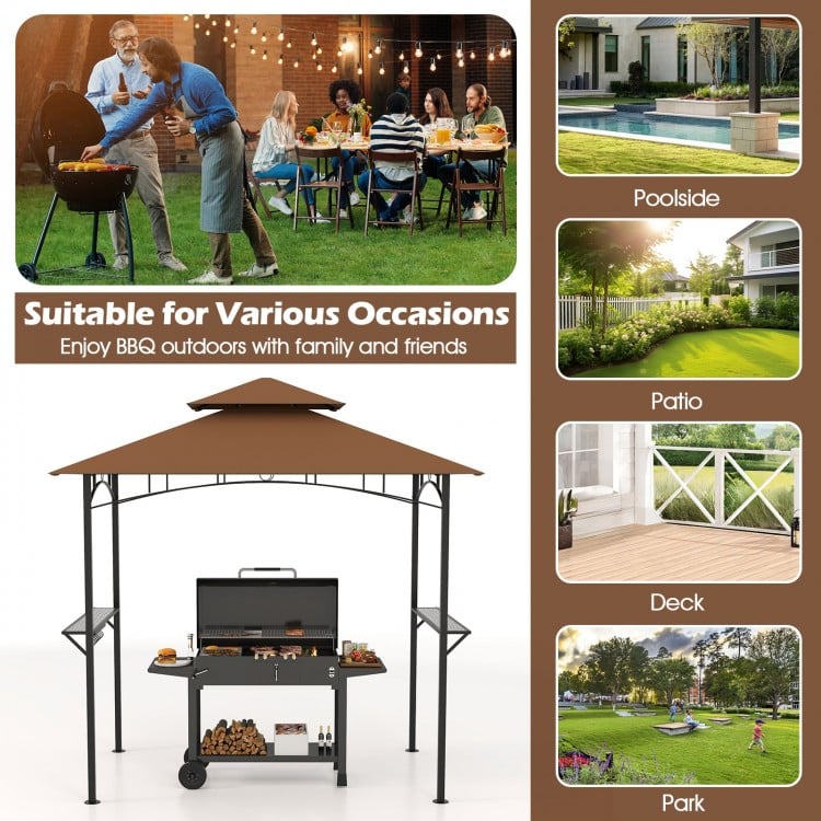 Outdoor Double-Tiered Grill Gazebo Canopy with 2 Shelves and 7 Hooks-Coffee