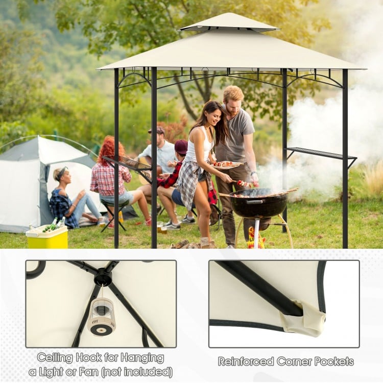 Outdoor Double-Tiered Grill Gazebo Canopy with 2 Shelves and 7 Hooks-Beige