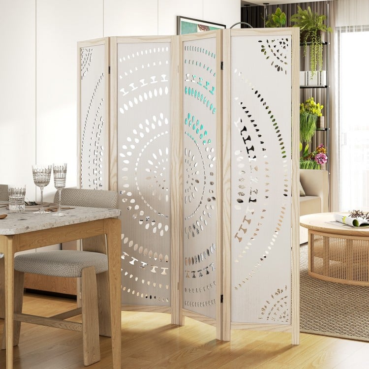 66 Inch Boho 4-Panel Room Divider Privacy Screen with Carved Pattern