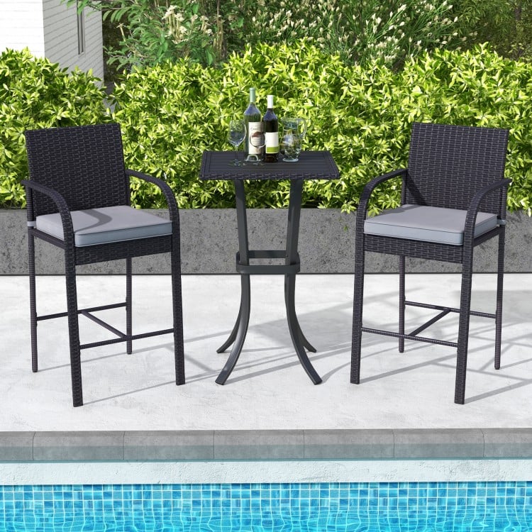 3-Piece Patio Wicker Rattan Bar Height Chairs and Square Table Set-Black