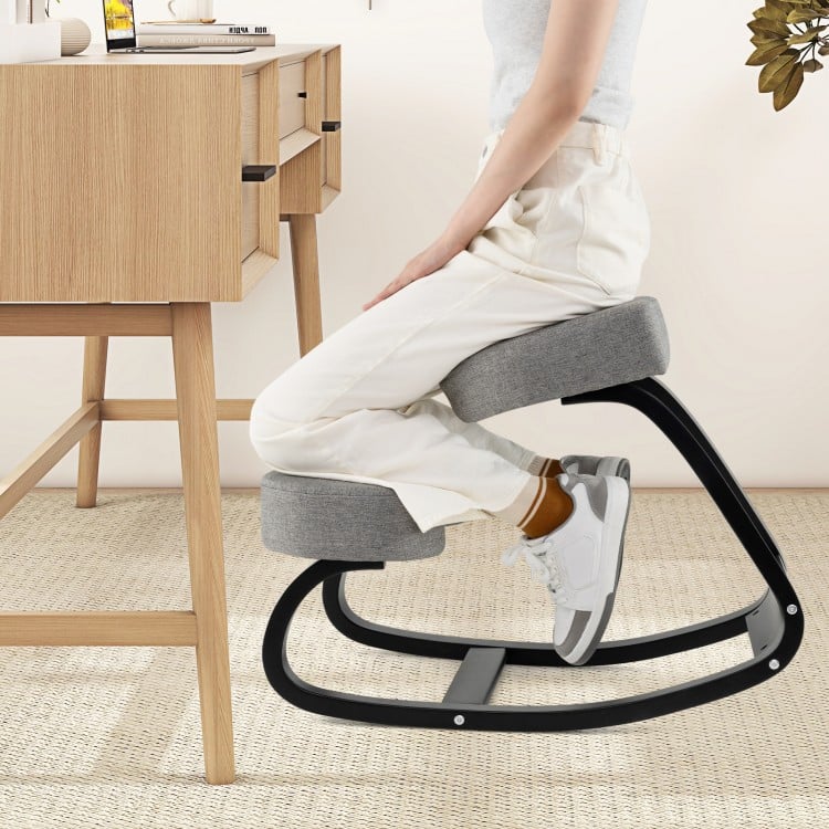 Wooden Ergonomic Rocking Kneeling Chair with Padded Cushion-Grey