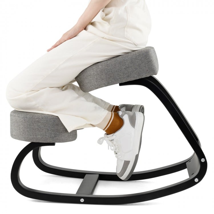 Wooden Ergonomic Rocking Kneeling Chair with Padded Cushion-Grey