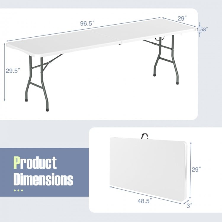 8 ft Portable Folding Table 350 LBS Fold-in-Half Table with HDPE Tabletop-White