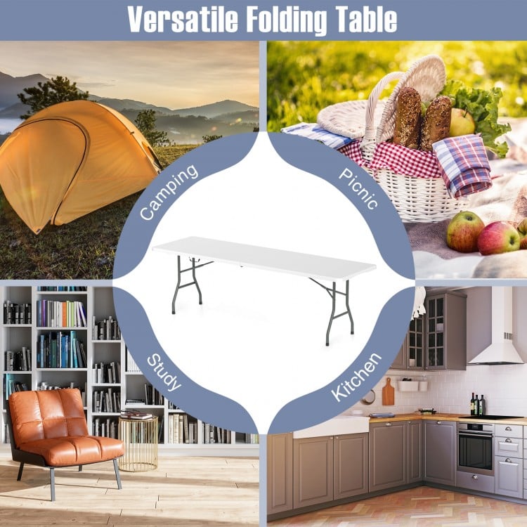8 ft Portable Folding Table 350 LBS Fold-in-Half Table with HDPE Tabletop-White
