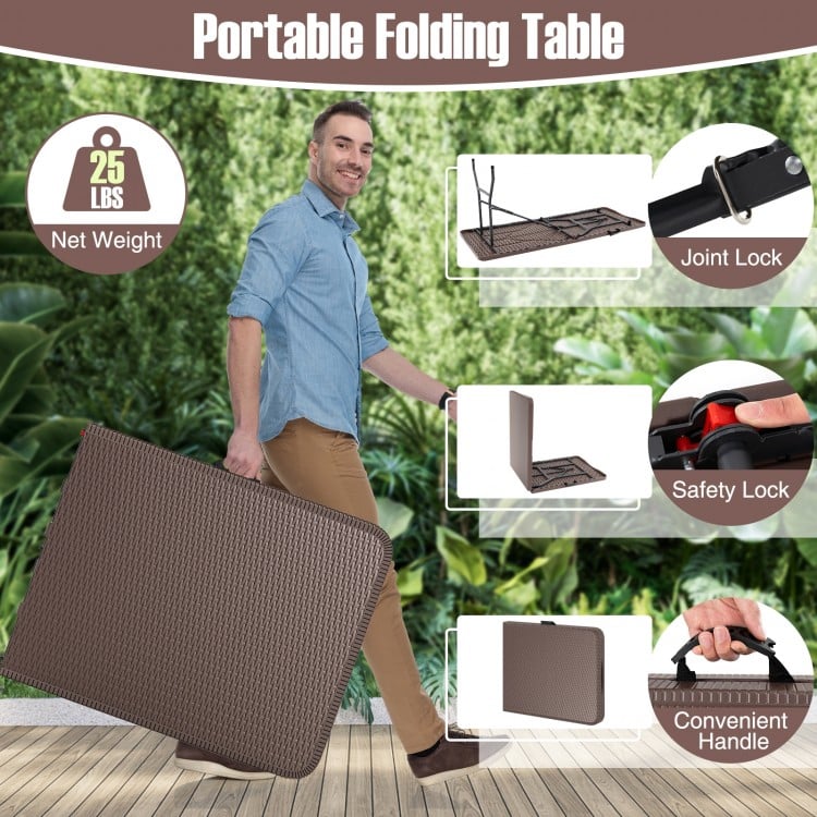 6 ft Portable Folding Table with Rattan-Like HDPE Tabletop and Safe Lock Mechanism-Brown