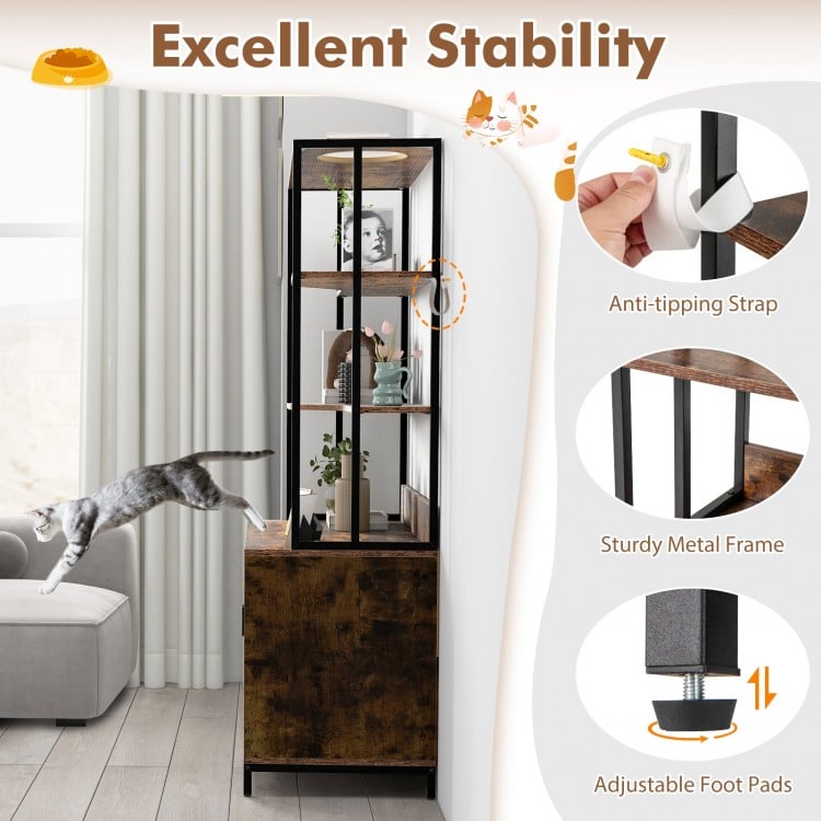 Cat Litter Box Enclosure with Storage and 3-tier Shelves-Rustic Brown
