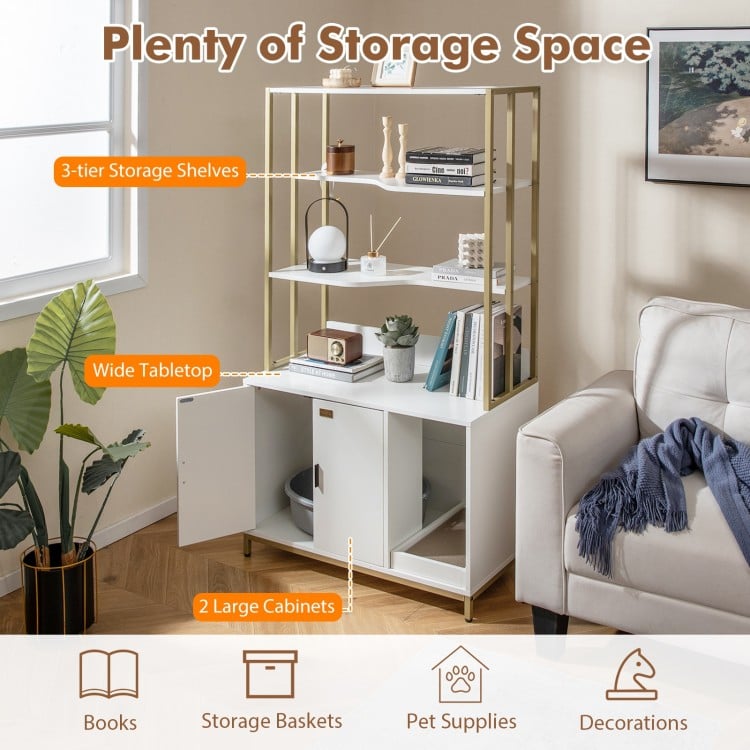 Cat Litter Box Enclosure with Storage and 3-tier Shelves-White