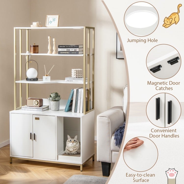 Cat Litter Box Enclosure with Storage and 3-tier Shelves-White