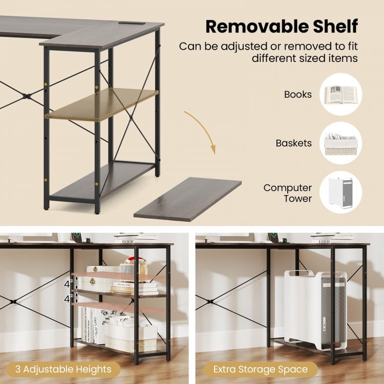 L-shaped 47 Inch Reversible Corner Desk with Adjustable Storage Shelves-Gray