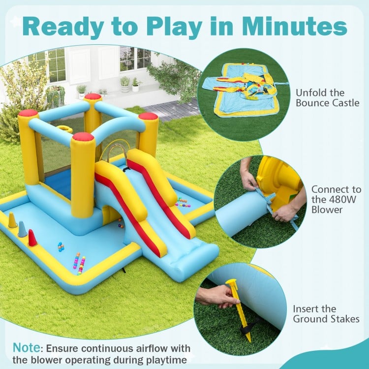 Inflatable Bounce House 7-in-1 Bouncy Castle with Slide and Tunnel with 480W Blower