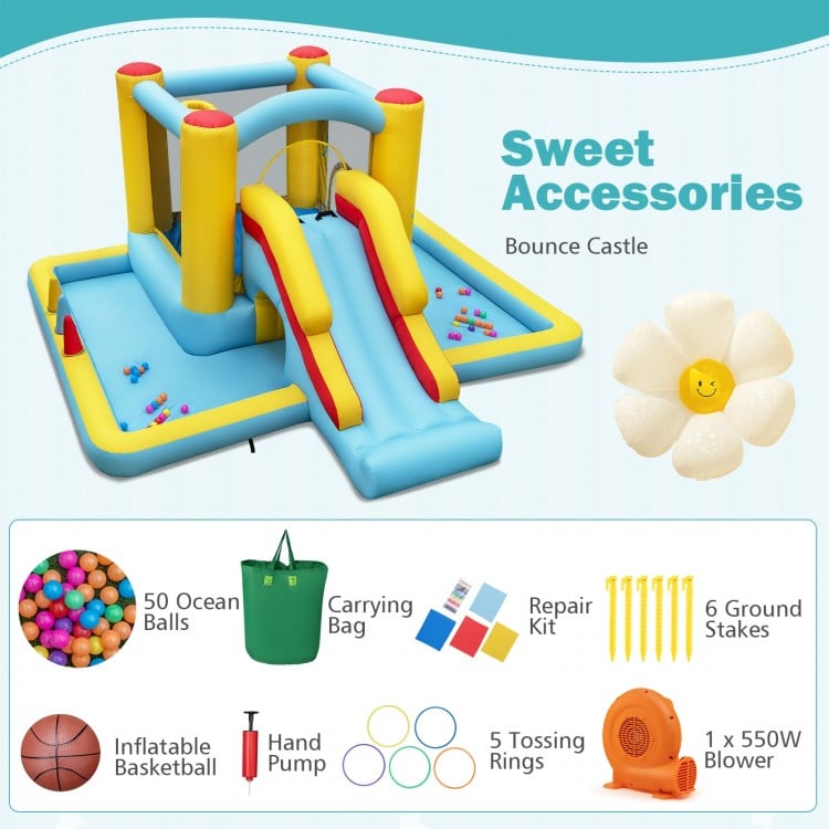 Inflatable Bounce House 7-in-1 Bouncy Castle with Slide and Tunnel with 550W Blower