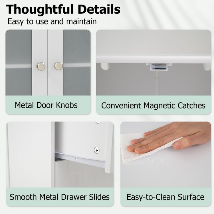 Bathroom Floor Storage Cabinet Freestanding Cupboard Pantry with 2 Drawers and 2 Frosted Glass Doors-White