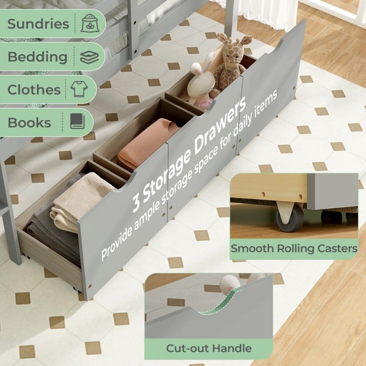 Twin Size Low Loft Bed with 3 Drawers with Ladder and Full-length Guardrails-Gray