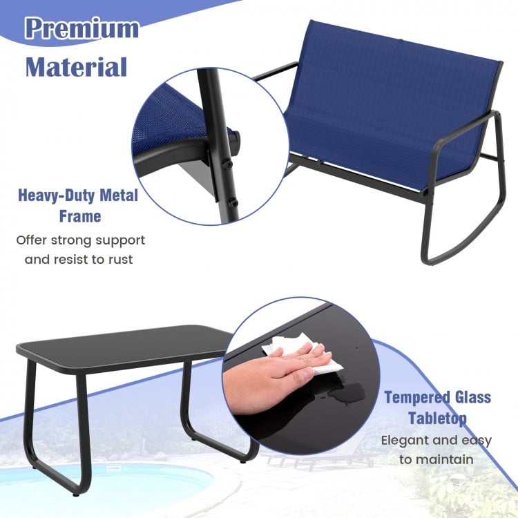 4 Piece Patio Rocking Set with Glass-Top Table-Navy
