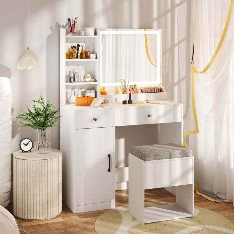 Vanity Dressing Table and Chair Set with Mirror and Lights-White