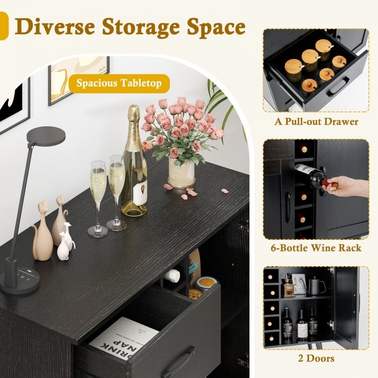 Modern Wine Bar Buffet Cabinet with 6-Bottle Wine Rack-Black