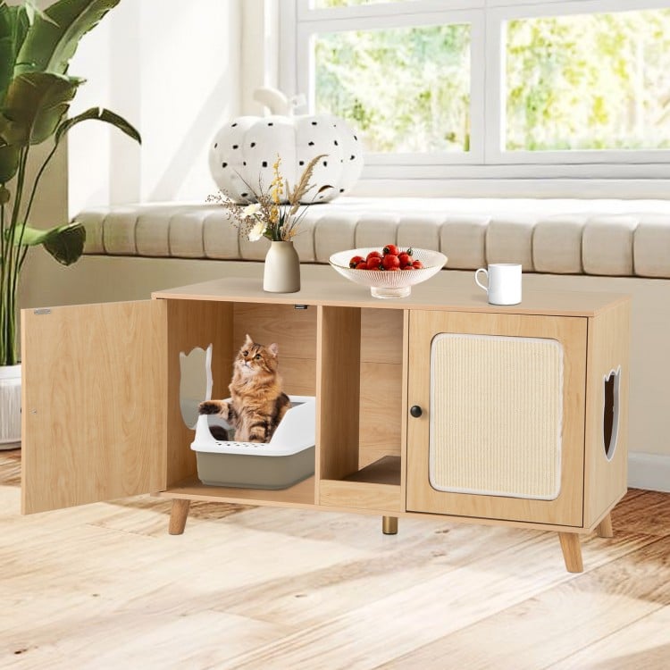 43 Inches Cat Litter Box Enclosure with Double Rooms and 2 Sisal Scratching Mats-Natural
