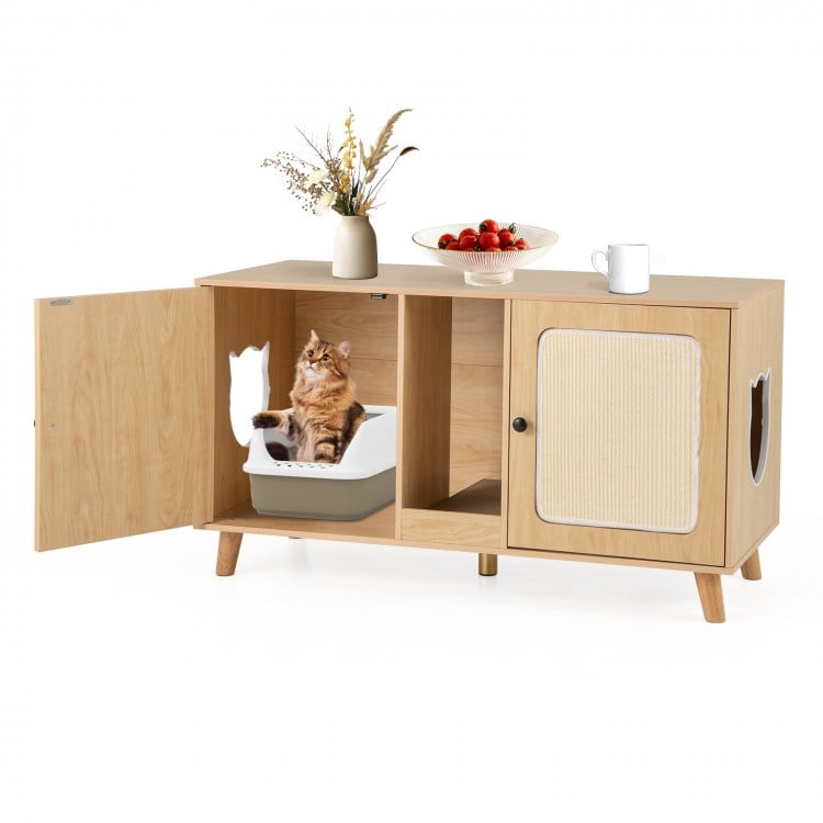 43 Inches Cat Litter Box Enclosure with Double Rooms and 2 Sisal Scratching Mats-Natural