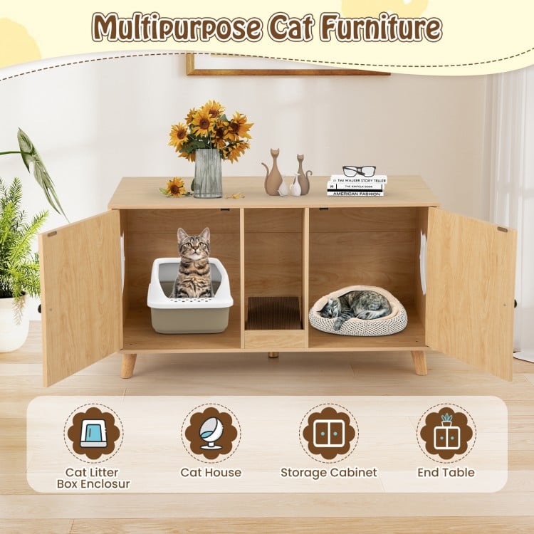 43 Inches Cat Litter Box Enclosure with Double Rooms and 2 Sisal Scratching Mats-Natural