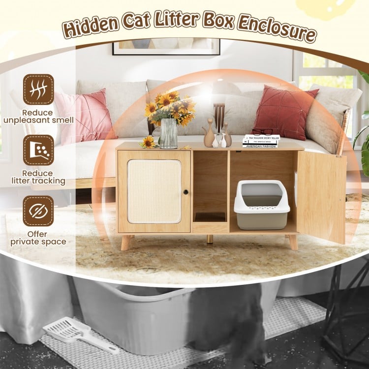 43 Inches Cat Litter Box Enclosure with Double Rooms and 2 Sisal Scratching Mats-Natural