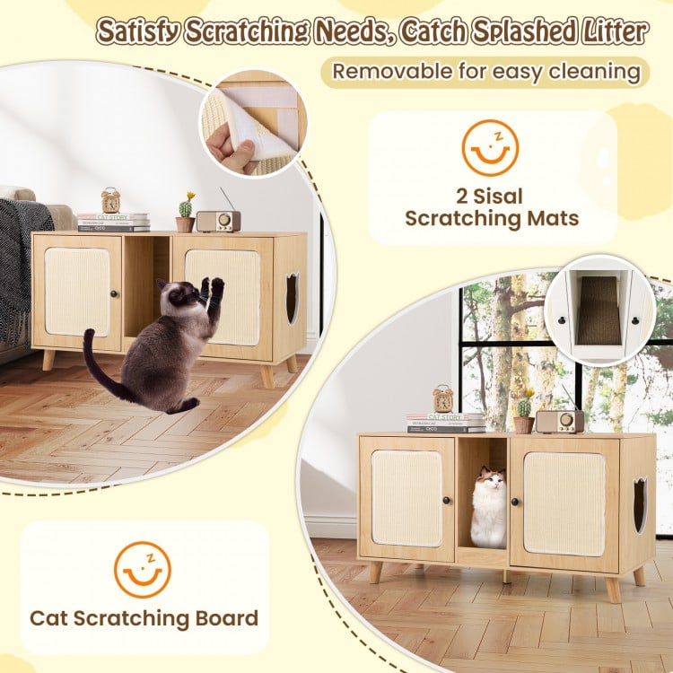 43 Inches Cat Litter Box Enclosure with Double Rooms and 2 Sisal Scratching Mats-Natural