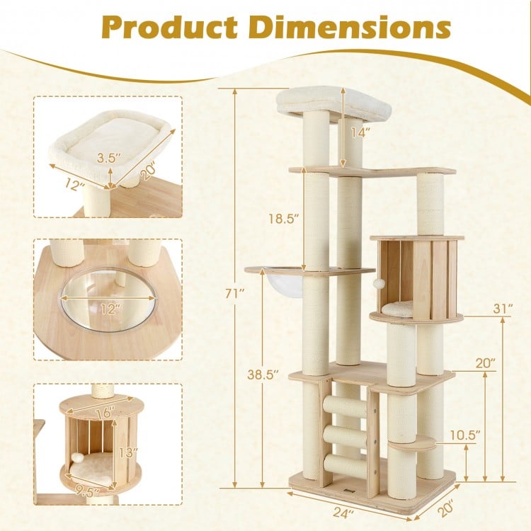 71 Inch Tall Cat Tree Wooden Cat Tower with Cozy Perch Condo Space Capsule-Natural